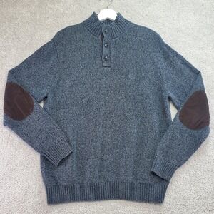 Chaps Mens Sweater M Blue Heather Knit Mock Neck Elbow Patches Cotton Preppy